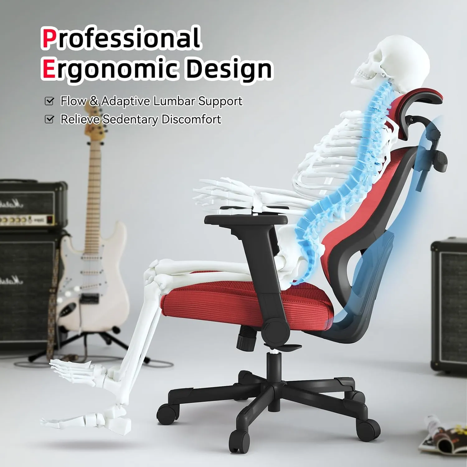 Ergonomic Office Chair Big Tall Reclining Gaming Chair Adjustable Lumbar Support 6D Armrest 6D Headrest Breathable Mesh Swivel Computer Chairs Home Task Desk Chair Wheels Coat Hanger Tilt Lock Red