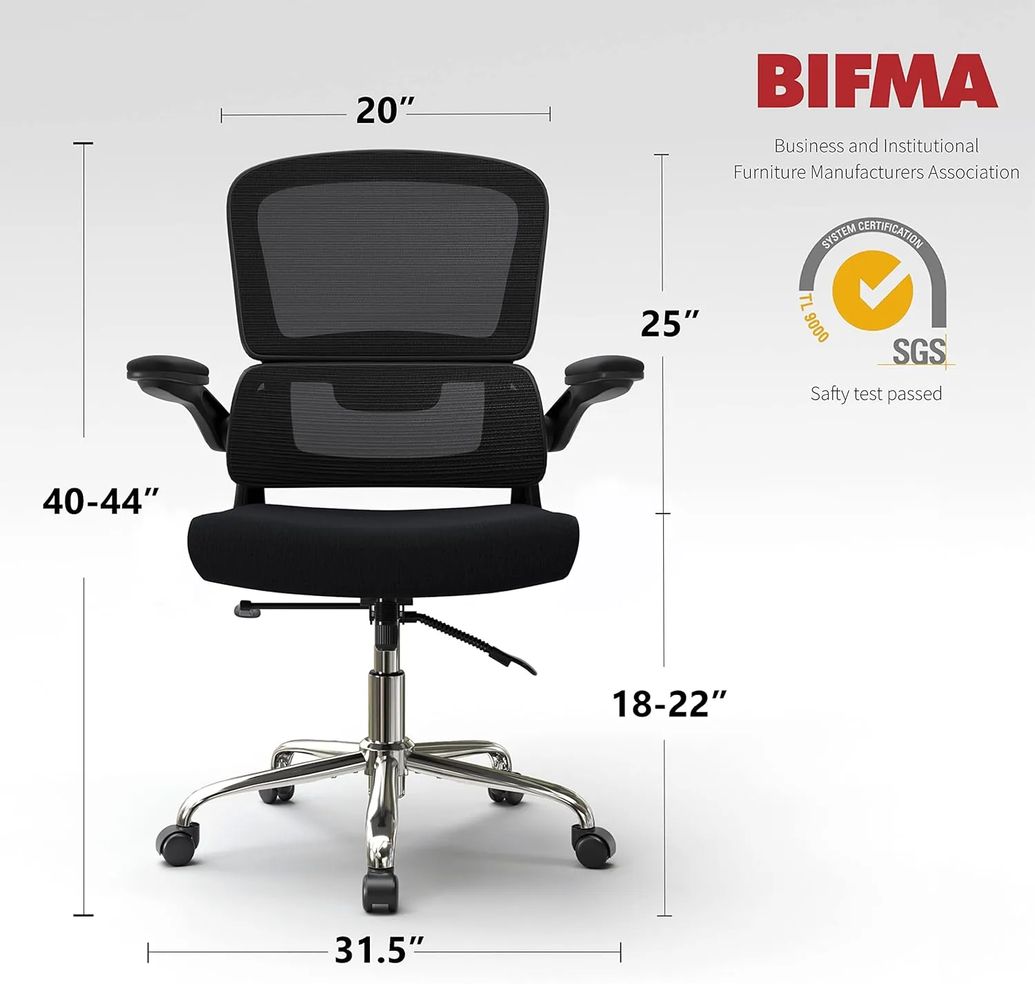 Ergonomic Office Chair, Breathable Mesh Chair with Adjustable Height, Computer Chair with a Double Lumbar Support and Flip-up Arms, Home Office Desk Chair with 90°-130° Tilt Function