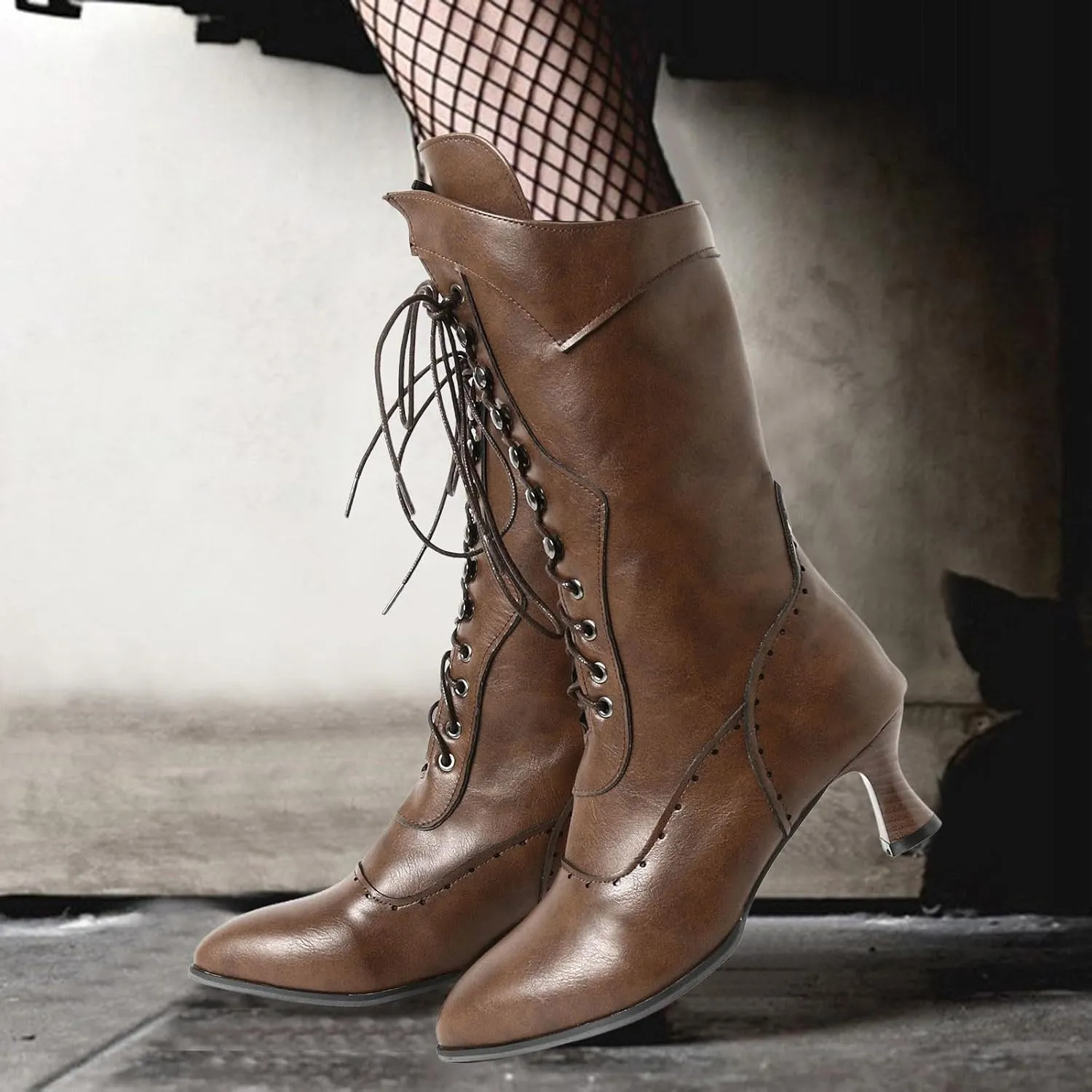 Fall Boots Womens Retro Vintage Victorian Boots Lace up Ankle Boots Mid Heel Witch Granny Booties Costume Shoes