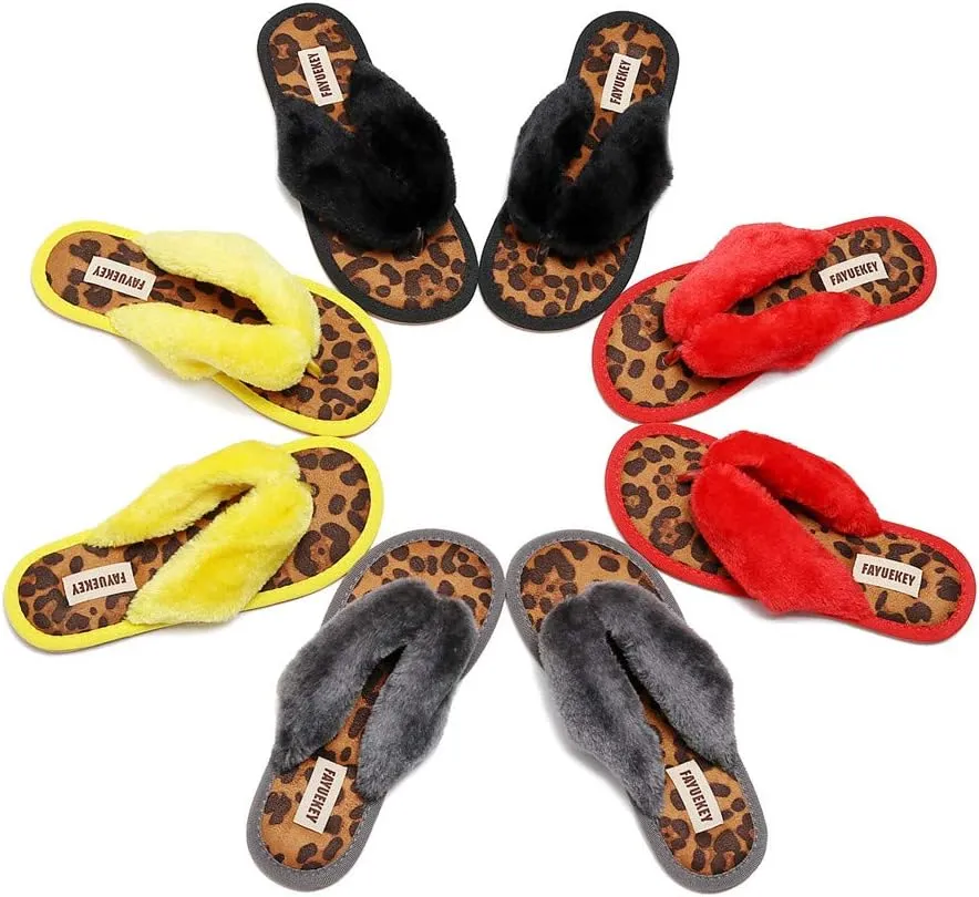 FAYUEKEY Comfort Spa Flip Flops Thong Slide for Women Girls Sexy Fuzzy Bedroom House Slippers with Memory Foam