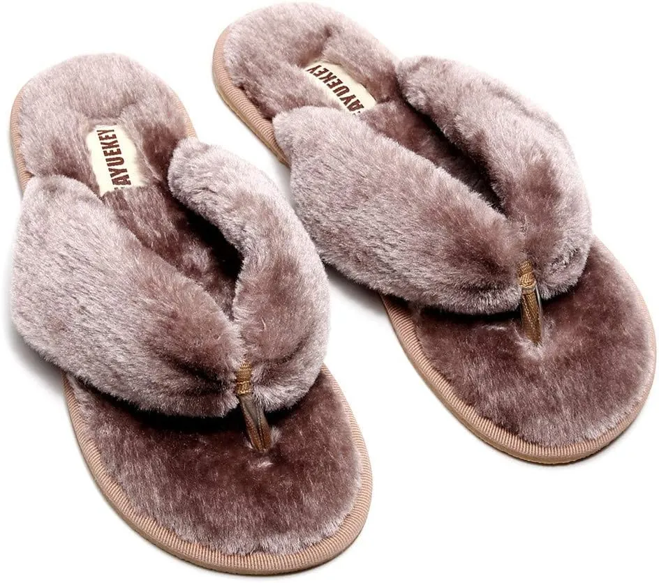 FAYUEKEY Comfort Spa Flip Flops Thong Slide for Women Girls Sexy Fuzzy Bedroom House Slippers with Memory Foam