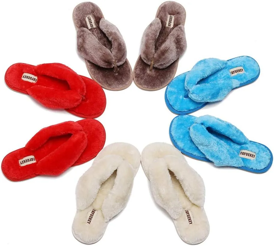 FAYUEKEY Comfort Spa Flip Flops Thong Slide for Women Girls Sexy Fuzzy Bedroom House Slippers with Memory Foam