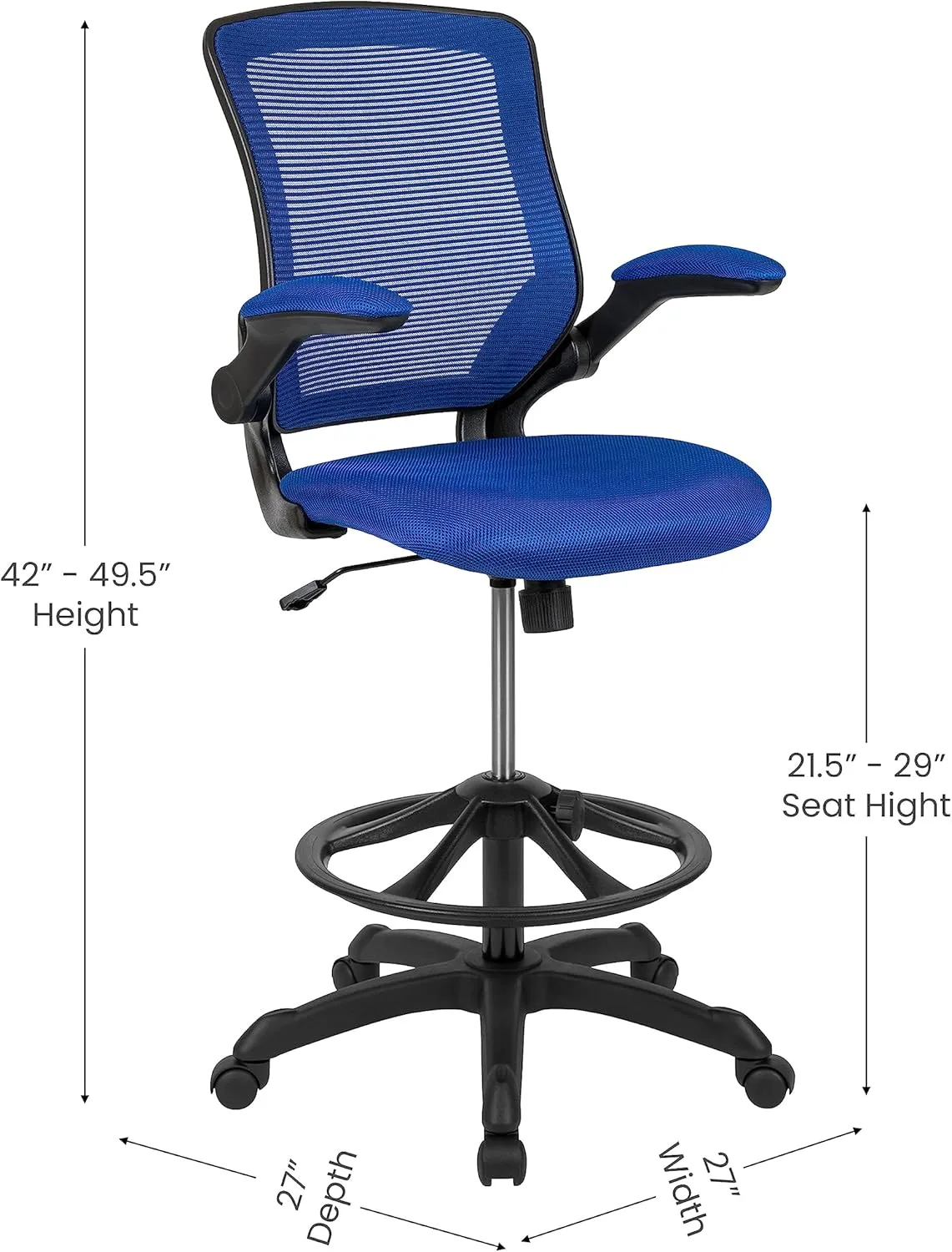 Flash Furniture Kale Mid-Back Blue Mesh Ergonomic Drafting Chair | Adjustable Foot Ring, Flip-Up Arms