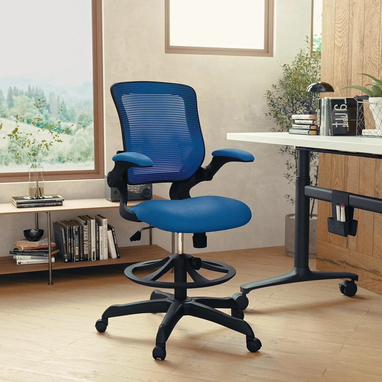 Flash Furniture Kale Mid-Back Blue Mesh Ergonomic Drafting Chair | Adjustable Foot Ring, Flip-Up Arms