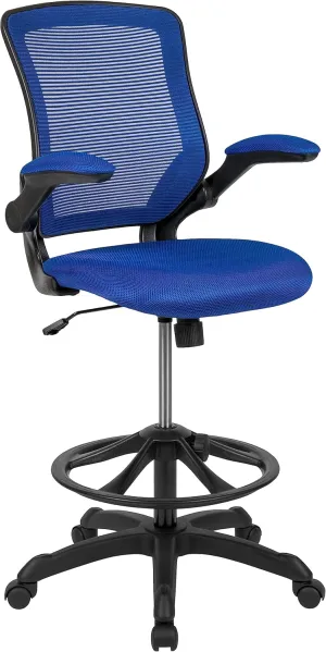 Flash Furniture Kale Mid-Back Blue Mesh Ergonomic Drafting Chair | Adjustable Foot Ring, Flip-Up Arms