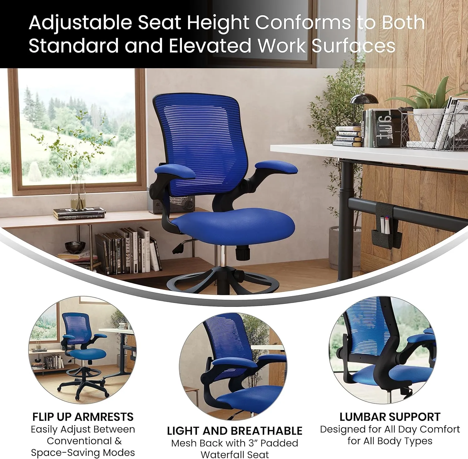 Flash Furniture Kale Mid-Back Blue Mesh Ergonomic Drafting Chair | Adjustable Foot Ring, Flip-Up Arms