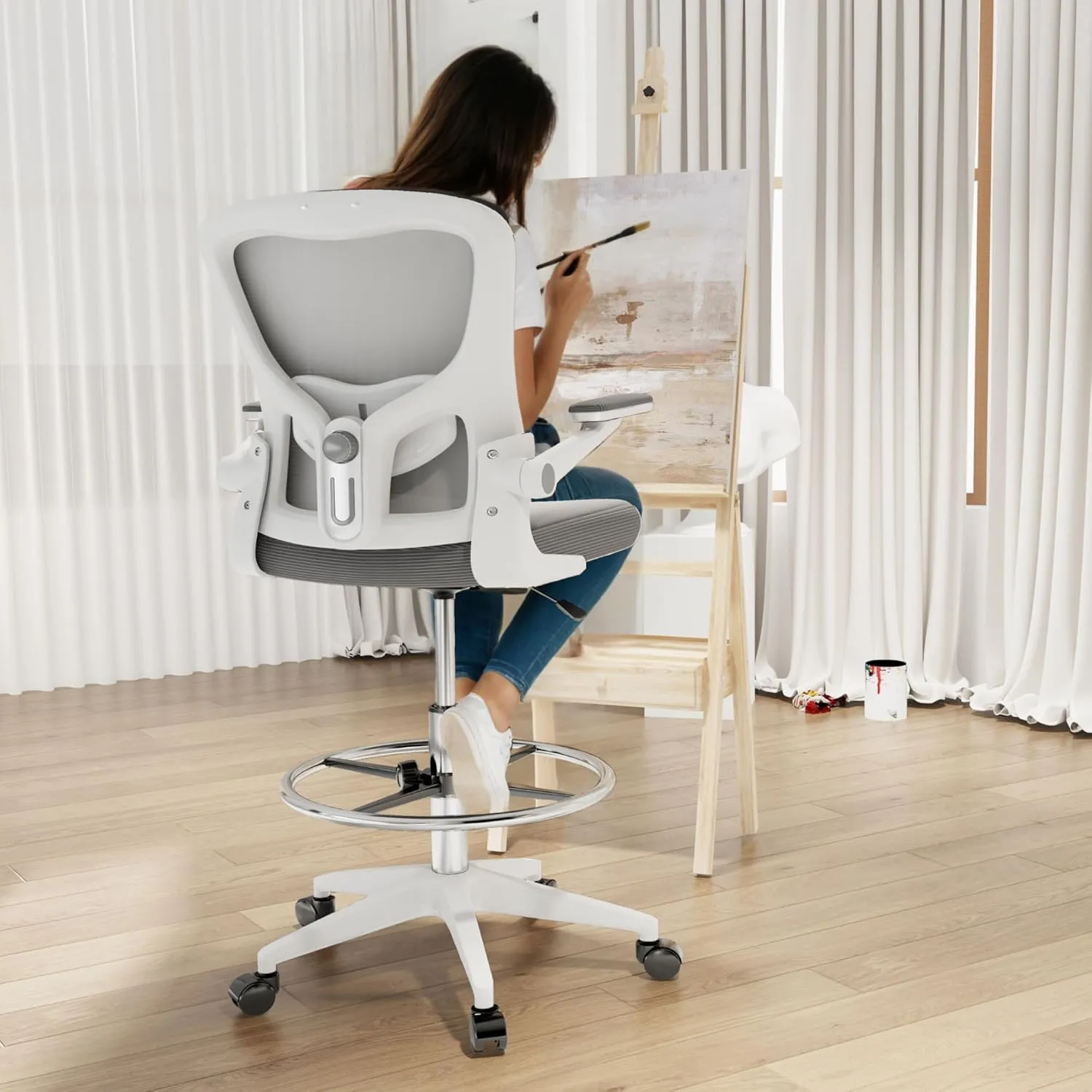 FLEXISPOT Upgraded Drafting Chair Tall Office Chair with 2D Lumbar,3D Flip-up Armrest,Standing Desk Chair with Breathable Mesh Adjustable Foot Ring Stool BIFMA Certified for Home Office,Drawing,Grey