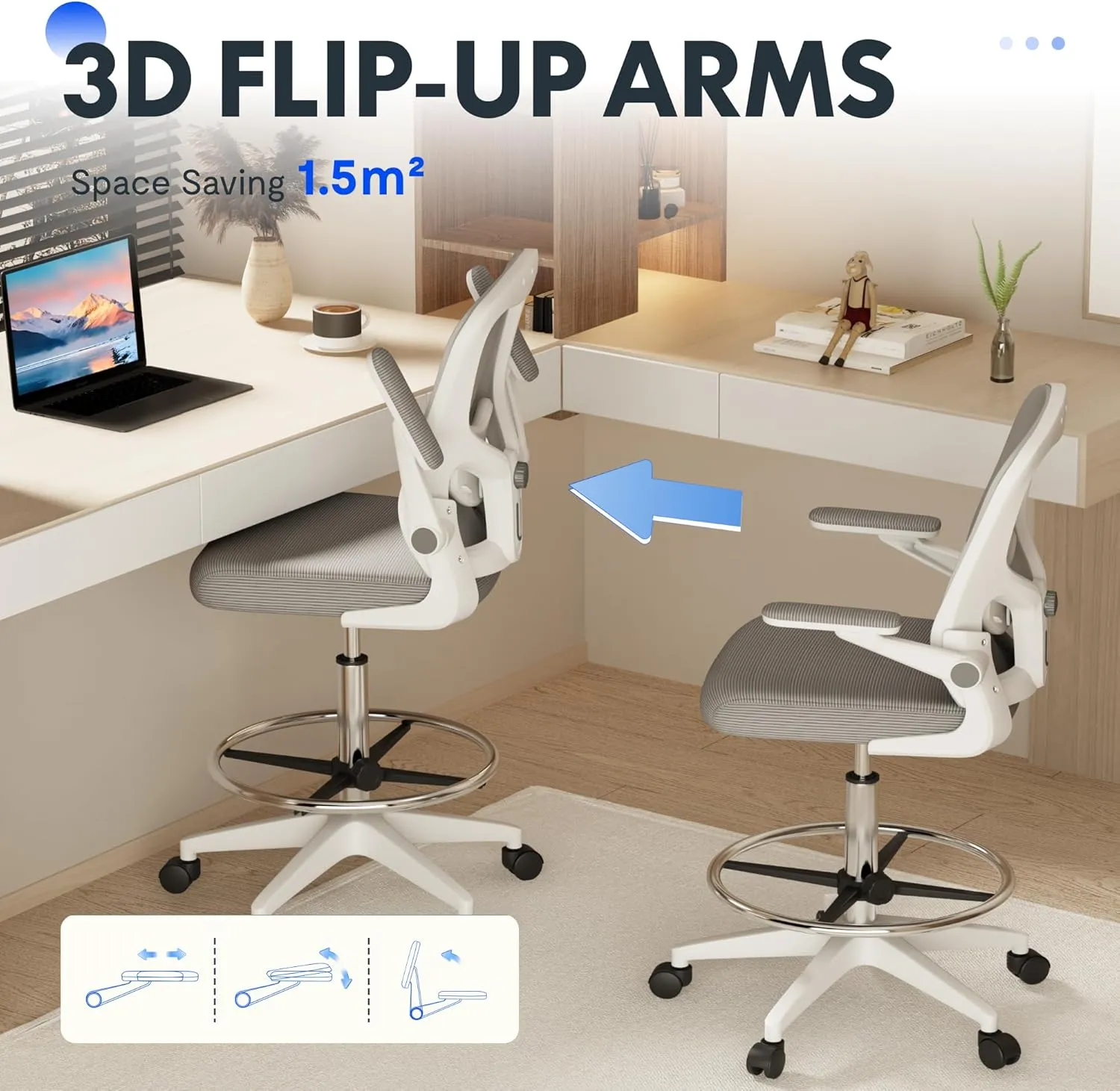 FLEXISPOT Upgraded Drafting Chair Tall Office Chair with 2D Lumbar,3D Flip-up Armrest,Standing Desk Chair with Breathable Mesh Adjustable Foot Ring Stool BIFMA Certified for Home Office,Drawing,Grey