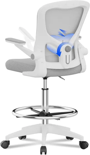 FLEXISPOT Upgraded Drafting Chair Tall Office Chair with 2D Lumbar,3D Flip-up Armrest,Standing Desk Chair with Breathable Mesh Adjustable Foot Ring Stool BIFMA Certified for Home Office,Drawing,Grey