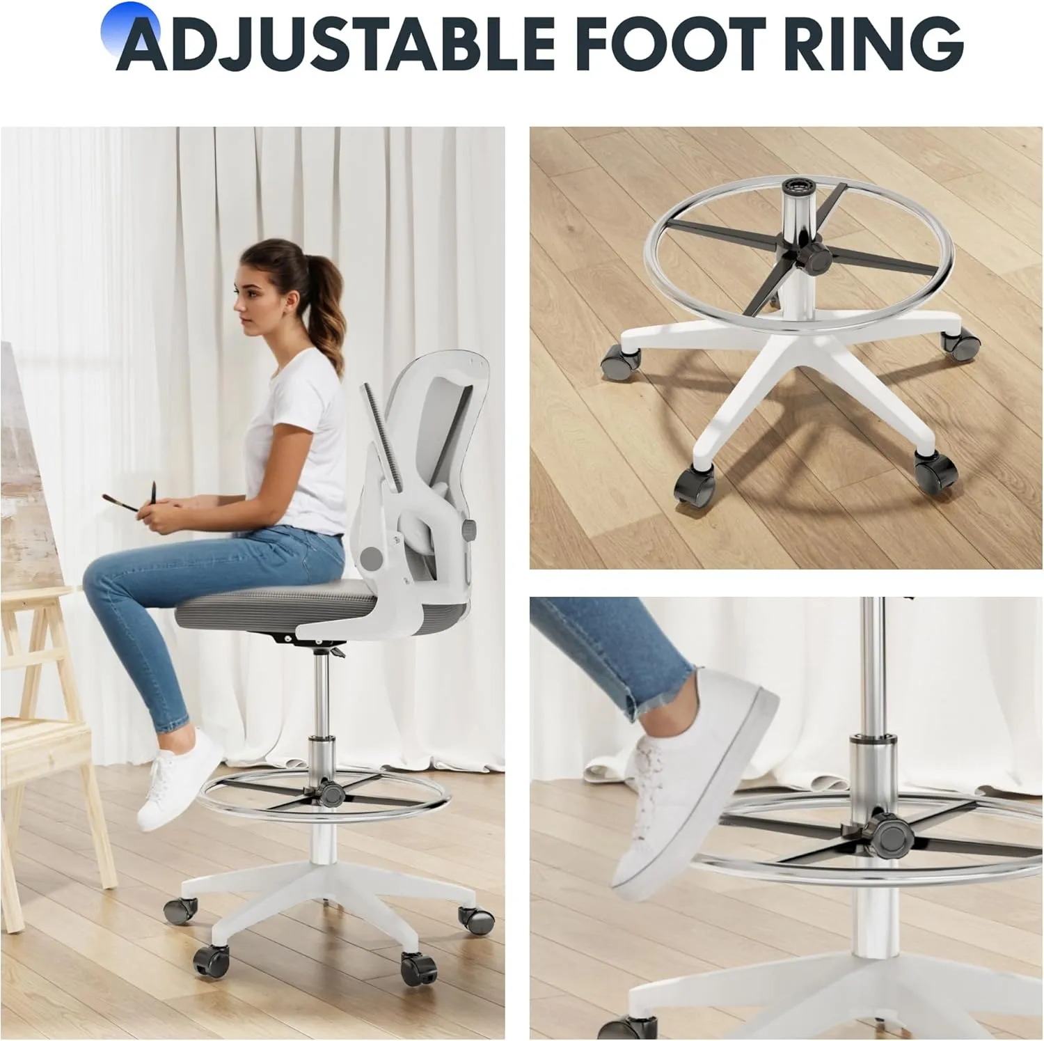 FLEXISPOT Upgraded Drafting Chair Tall Office Chair with 2D Lumbar,3D Flip-up Armrest,Standing Desk Chair with Breathable Mesh Adjustable Foot Ring Stool BIFMA Certified for Home Office,Drawing,Grey