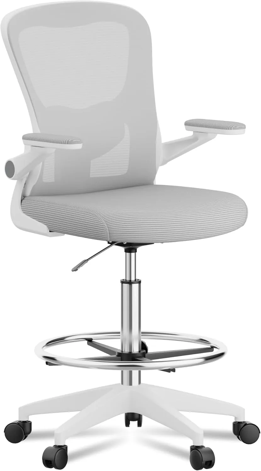 FLEXISPOT Upgraded Drafting Chair Tall Office Chair with 2D Lumbar,3D Flip-up Armrest,Standing Desk Chair with Breathable Mesh Adjustable Foot Ring Stool BIFMA Certified for Home Office,Drawing,Grey