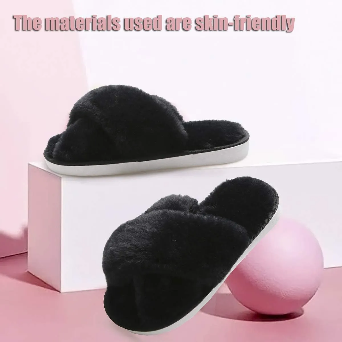 Girl's Fuzzy Fluffy Furry Slippers Fur Flip Flop Open Toe kids Slippers Cross Band Shoes Slides for Girls House Home Indoor Outdoor