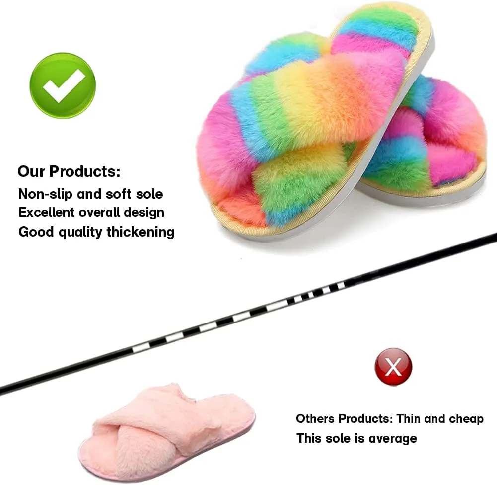 Girl's Fuzzy Fluffy Furry Slippers Fur Flip Flop Open Toe kids Slippers Cross Band Shoes Slides for Girls House Home Indoor Outdoor