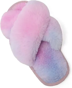 Girl's Fuzzy Fluffy Furry Slippers Fur Flip Flop Open Toe kids Slippers Cross Band Shoes Slides for Girls House Home Indoor Outdoor