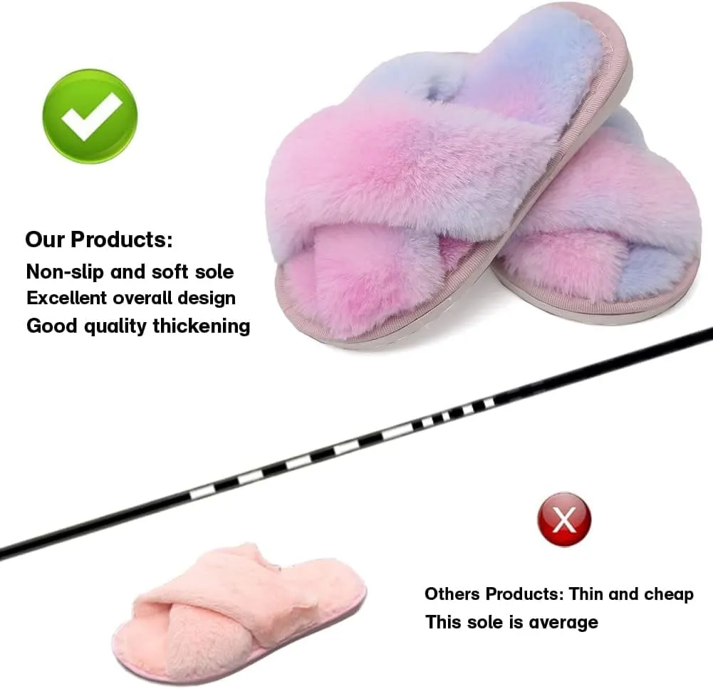 Girl's Fuzzy Fluffy Furry Slippers Fur Flip Flop Open Toe kids Slippers Cross Band Shoes Slides for Girls House Home Indoor Outdoor