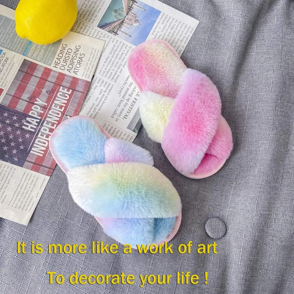 Girl's Fuzzy Fluffy Furry Slippers Fur Flip Flop Open Toe kids Slippers Cross Band Shoes Slides for Girls House Home Indoor Outdoor