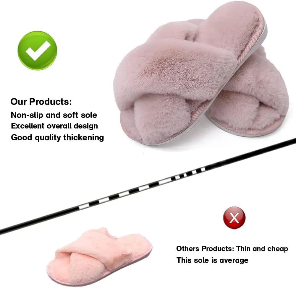 Girl's Fuzzy Fluffy Furry Slippers Fur Flip Flop Open Toe kids Slippers Cross Band Shoes Slides for Girls House Home Indoor Outdoor
