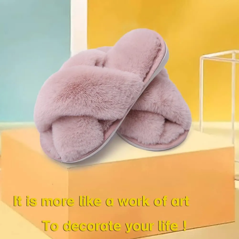 Girl's Fuzzy Fluffy Furry Slippers Fur Flip Flop Open Toe kids Slippers Cross Band Shoes Slides for Girls House Home Indoor Outdoor