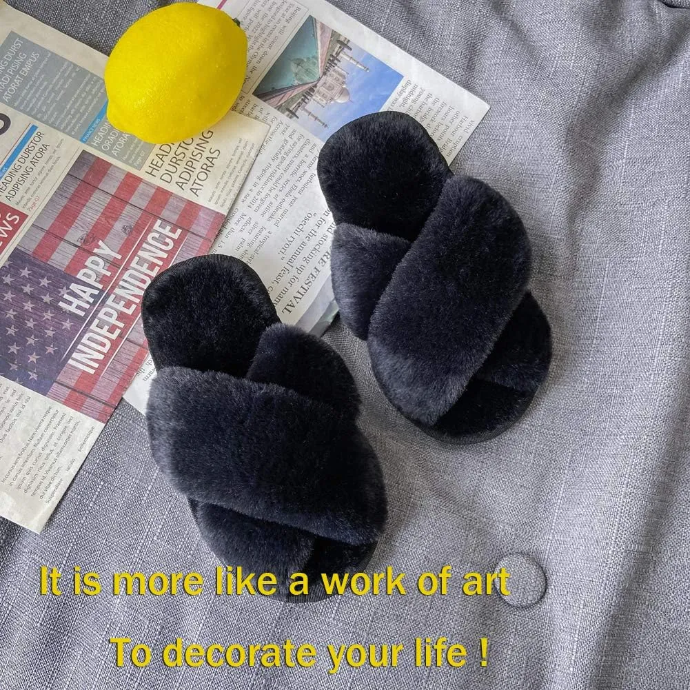 Girl's Fuzzy Fluffy Furry Slippers Fur Flip Flop Open Toe kids Slippers Cross Band Shoes Slides for Girls House Home Indoor Outdoor