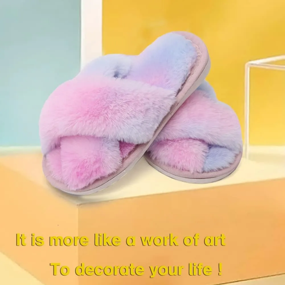Girl's Fuzzy Fluffy Furry Slippers Fur Flip Flop Open Toe kids Slippers Cross Band Shoes Slides for Girls House Home Indoor Outdoor