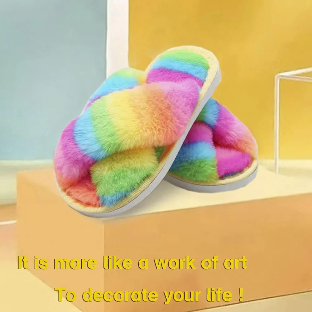 Girl's Fuzzy Fluffy Furry Slippers Fur Flip Flop Open Toe kids Slippers Cross Band Shoes Slides for Girls House Home Indoor Outdoor