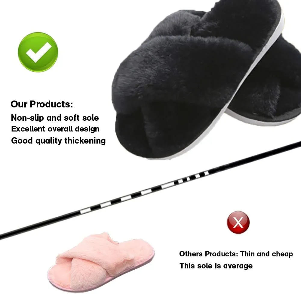 Girl's Fuzzy Fluffy Furry Slippers Fur Flip Flop Open Toe kids Slippers Cross Band Shoes Slides for Girls House Home Indoor Outdoor