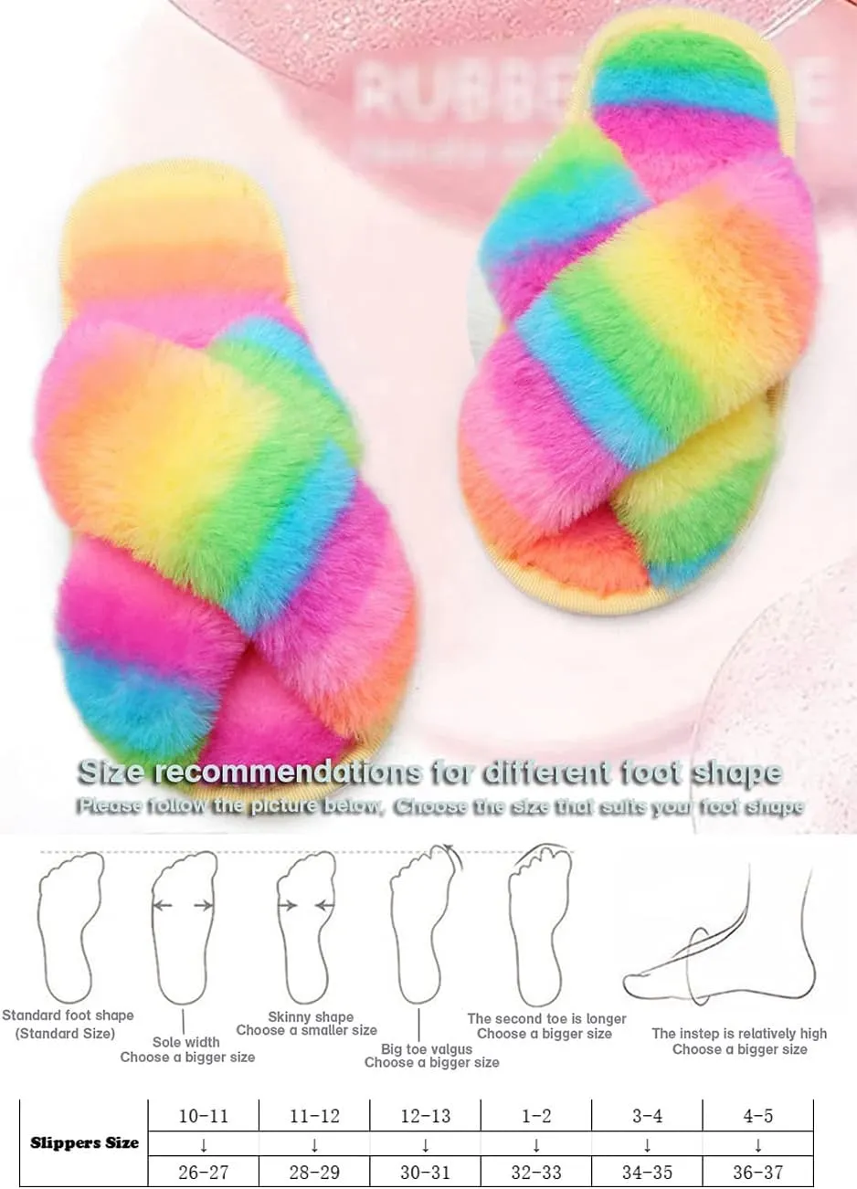 Girl's Fuzzy Fluffy Furry Slippers Fur Flip Flop Open Toe kids Slippers Cross Band Shoes Slides for Girls House Home Indoor Outdoor