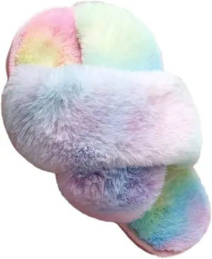 Girl's Fuzzy Fluffy Furry Slippers Fur Flip Flop Open Toe kids Slippers Cross Band Shoes Slides for Girls House Home Indoor Outdoor