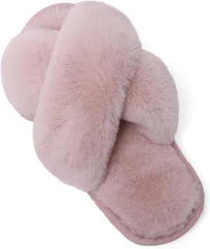 Girl's Fuzzy Fluffy Furry Slippers Fur Flip Flop Open Toe kids Slippers Cross Band Shoes Slides for Girls House Home Indoor Outdoor