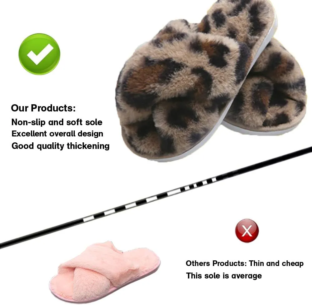 Girl's Fuzzy Fluffy Furry Slippers Fur Flip Flop Open Toe kids Slippers Cross Band Shoes Slides for Girls House Home Indoor Outdoor