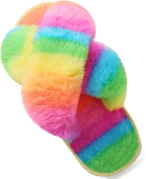 Girl's Fuzzy Fluffy Furry Slippers Fur Flip Flop Open Toe kids Slippers Cross Band Shoes Slides for Girls House Home Indoor Outdoor