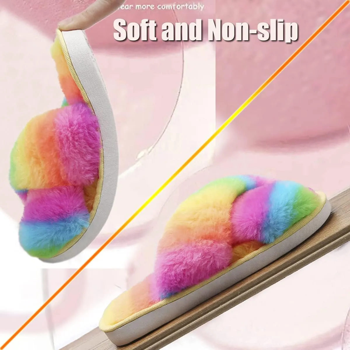 Girl's Fuzzy Fluffy Furry Slippers Fur Flip Flop Open Toe kids Slippers Cross Band Shoes Slides for Girls House Home Indoor Outdoor
