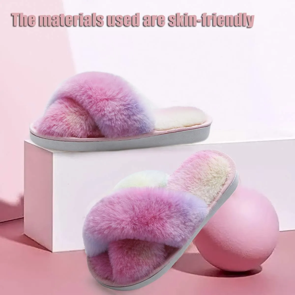 Girl's Fuzzy Fluffy Furry Slippers Fur Flip Flop Open Toe kids Slippers Cross Band Shoes Slides for Girls House Home Indoor Outdoor