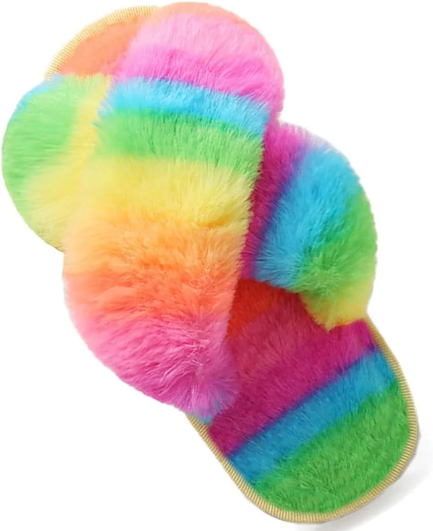 Girl's Fuzzy Fluffy Furry Slippers Fur Flip Flop Open Toe kids Slippers Cross Band Shoes Slides for Girls House Home Indoor Outdoor