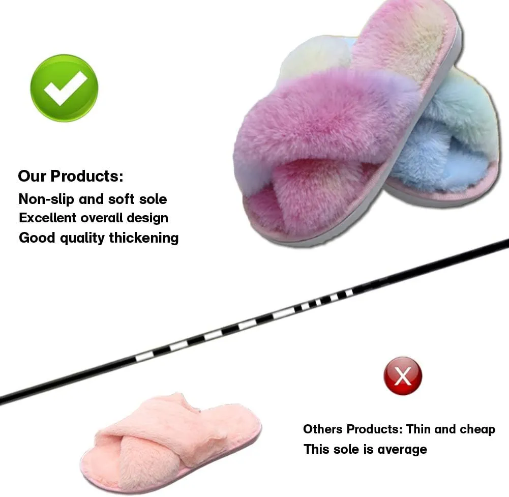 Girl's Fuzzy Fluffy Furry Slippers Fur Flip Flop Open Toe kids Slippers Cross Band Shoes Slides for Girls House Home Indoor Outdoor