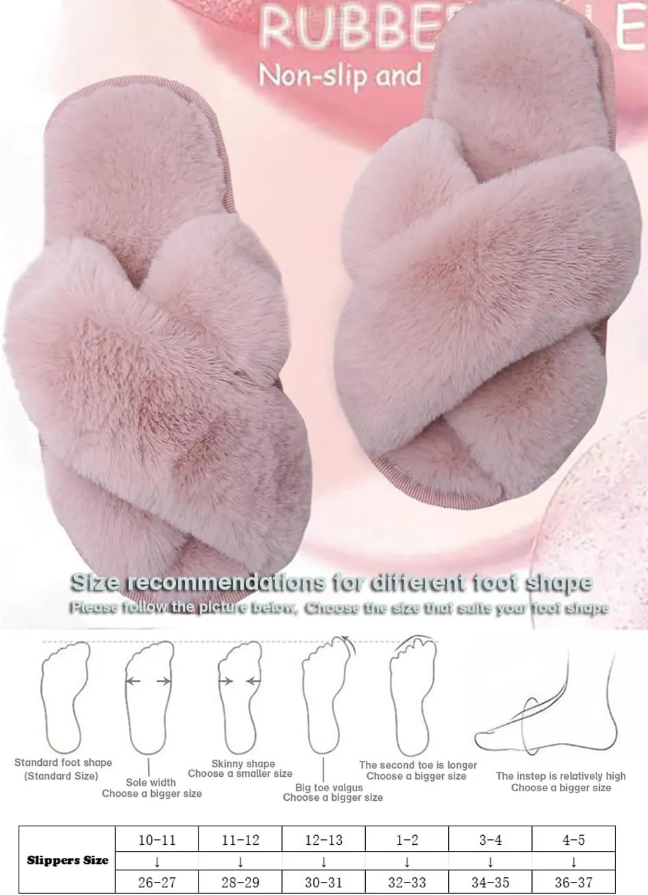 Girl's Fuzzy Fluffy Furry Slippers Fur Flip Flop Open Toe kids Slippers Cross Band Shoes Slides for Girls House Home Indoor Outdoor