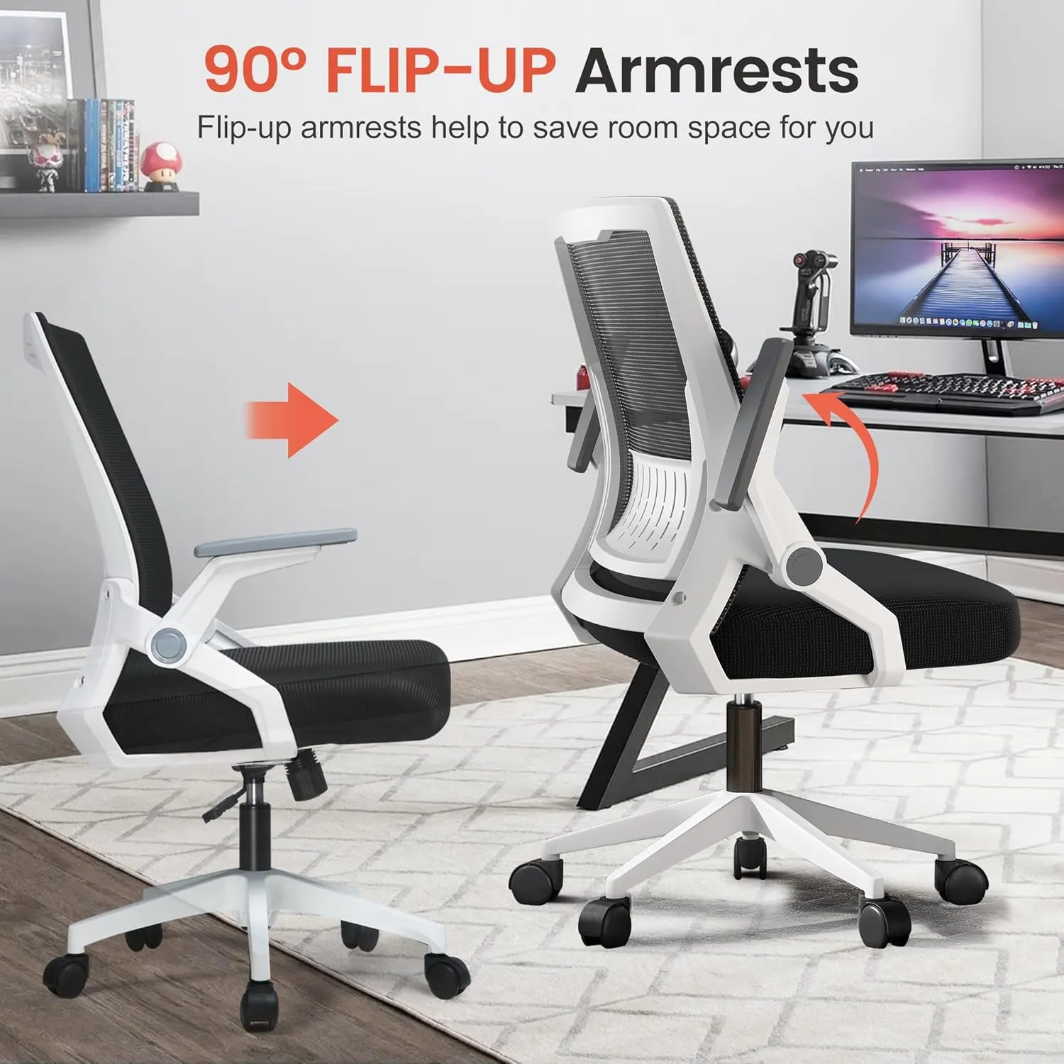 GTRACING Ergonomic Office Chair with Flip-up Armrests Executive Computer Chair for Home Office, Breathable Mesh & Adaptive Lumbar Support, White