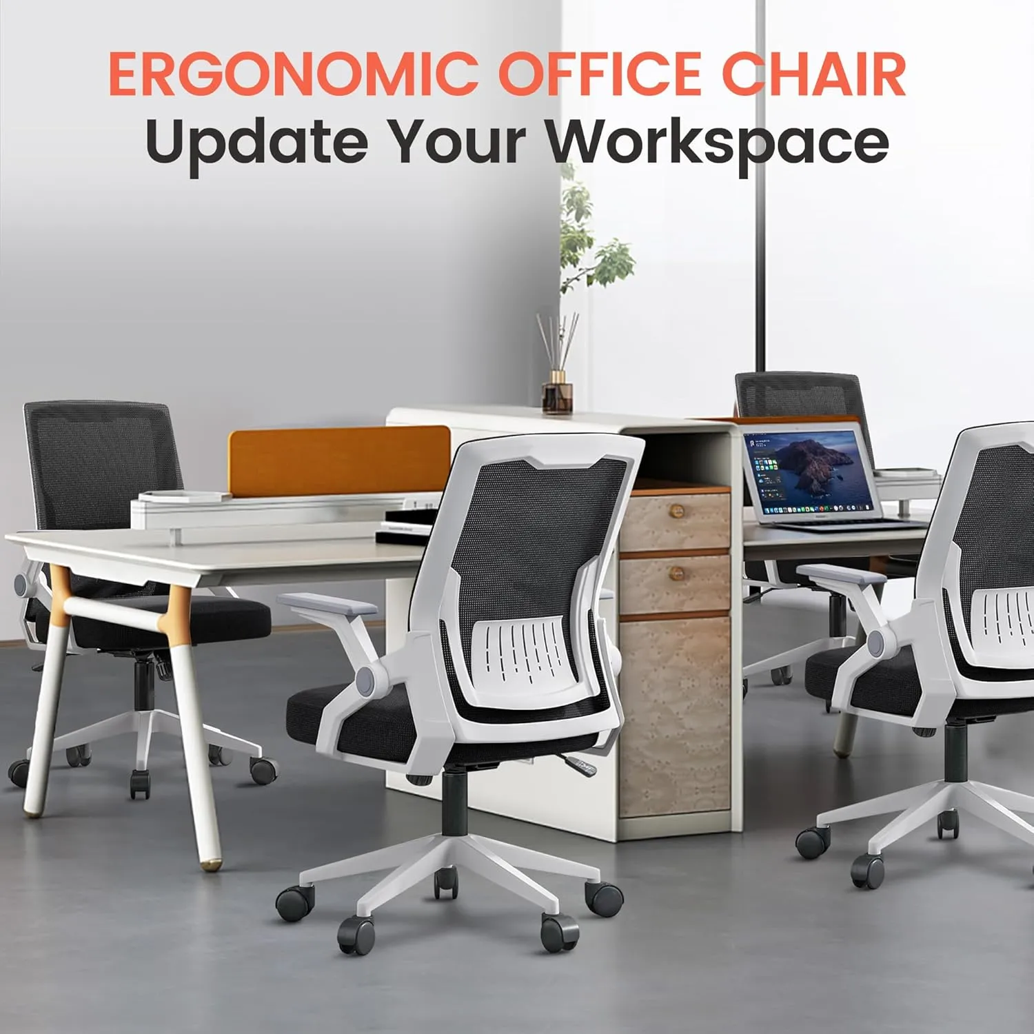 GTRACING Ergonomic Office Chair with Flip-up Armrests Executive Computer Chair for Home Office, Breathable Mesh & Adaptive Lumbar Support, White