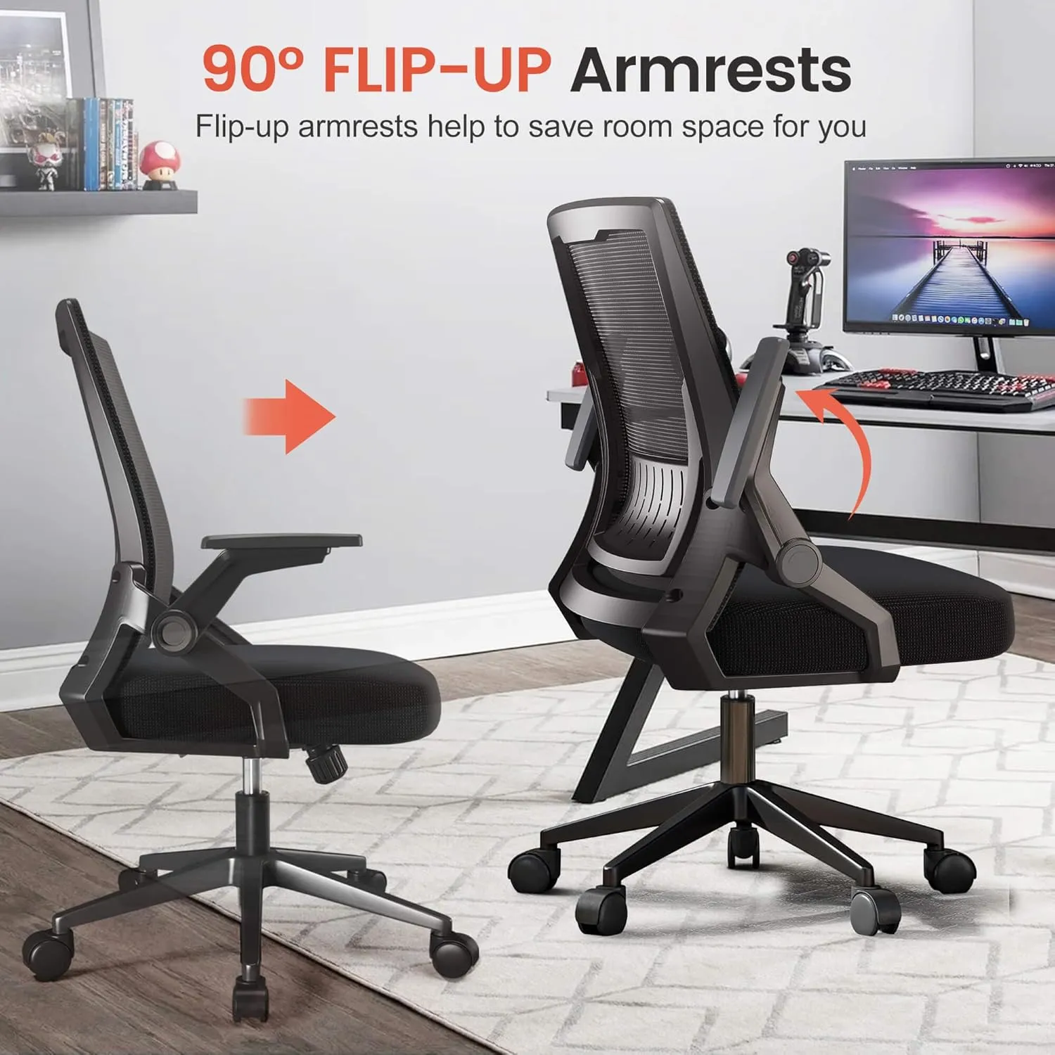 GTRACING Ergonomic Office Chair with Flip-up Armrests Executive Computer Chair for Home Office, Breathable Mesh & Adaptive Lumbar Support, Wide Seat Black