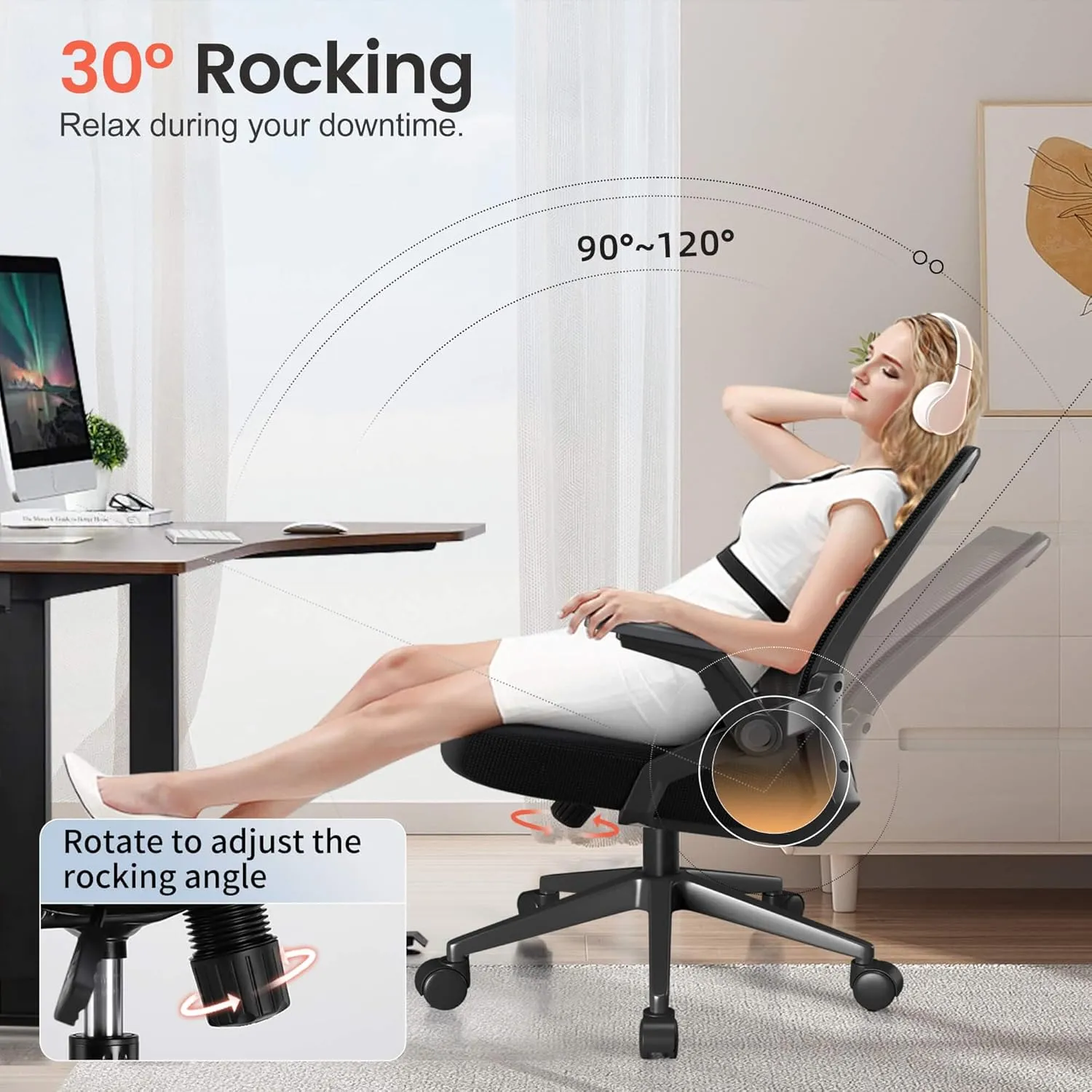 GTRACING Ergonomic Office Chair with Flip-up Armrests Executive Computer Chair for Home Office, Breathable Mesh & Adaptive Lumbar Support, Wide Seat Black