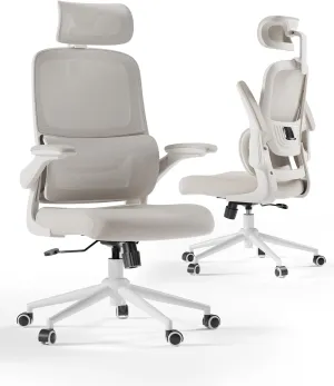 Hbada P1 Ergonomic Office Chair with 2D Lumbar Support & Adjustable Headrest - Heavy Duty 300lbs Capacity, 102° Reclining, Foldable Arms, Thick Cushion - Perfect for Home Office Chair, White