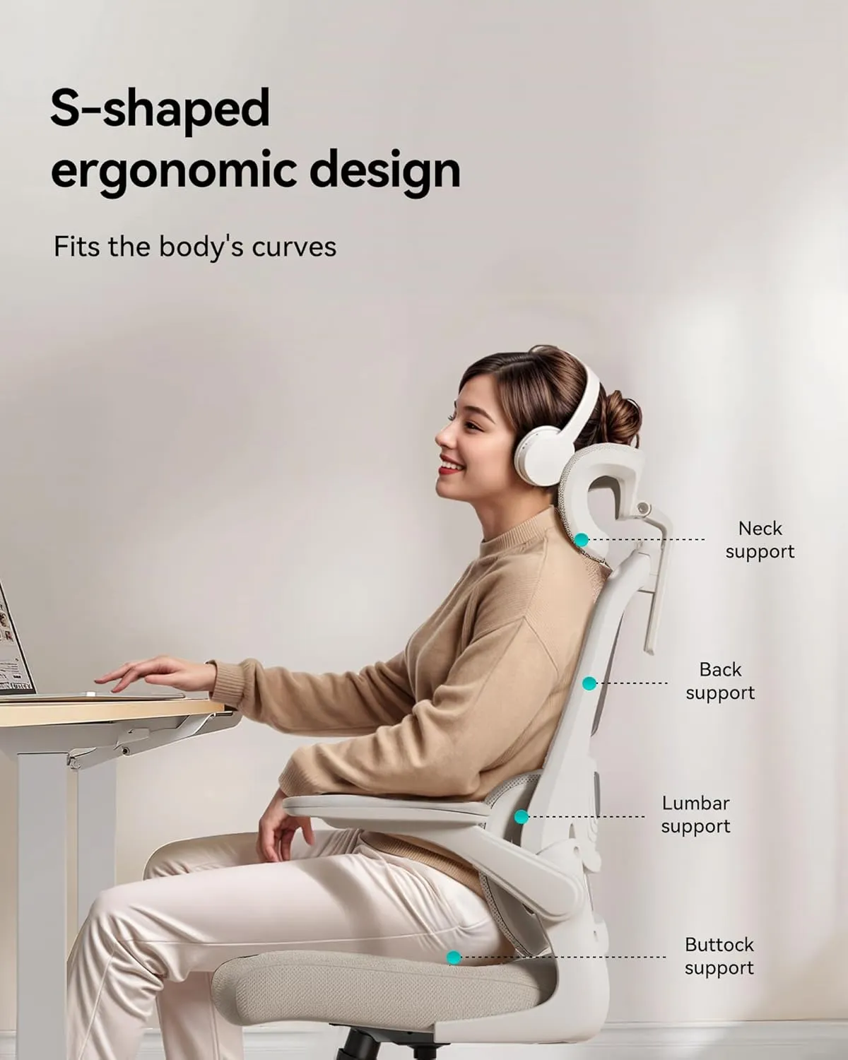 Hbada P1 Ergonomic Office Chair with 2D Lumbar Support & Adjustable Headrest - Heavy Duty 300lbs Capacity, 102° Reclining, Foldable Arms, Thick Cushion - Perfect for Home Office Chair, White