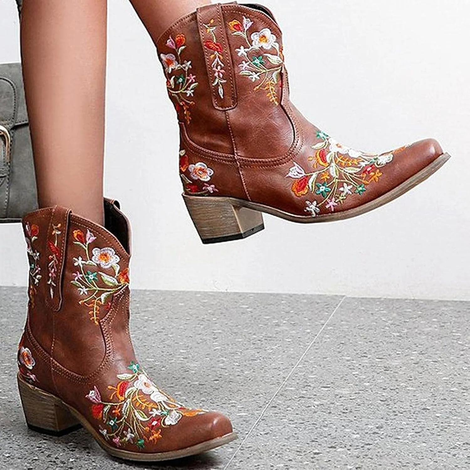 Hbeylia Vintage Ethnic Cowboys Boots For Women Boho Retro Flower Embroidered Pointed Toe Leather Western Cowgirls Boots Bohemian Chunky Mid Heels Wide Mid Calf Booties For Ladies Dress
