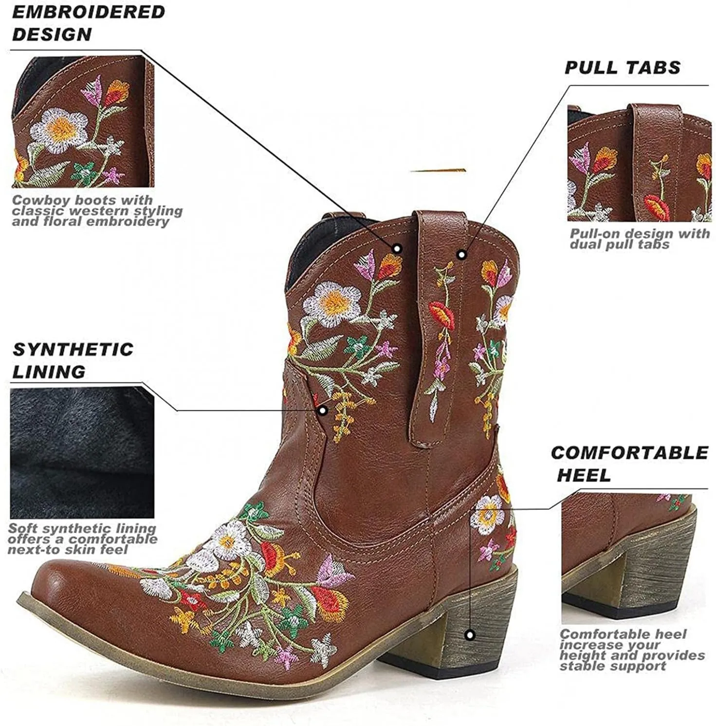Hbeylia Vintage Ethnic Cowboys Boots For Women Boho Retro Flower Embroidered Pointed Toe Leather Western Cowgirls Boots Bohemian Chunky Mid Heels Wide Mid Calf Booties For Ladies Dress