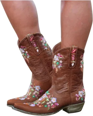 Hbeylia Vintage Ethnic Cowboys Boots For Women Boho Retro Flower Embroidered Pointed Toe Leather Western Cowgirls Boots Bohemian Chunky Mid Heels Wide Mid Calf Booties For Ladies Dress