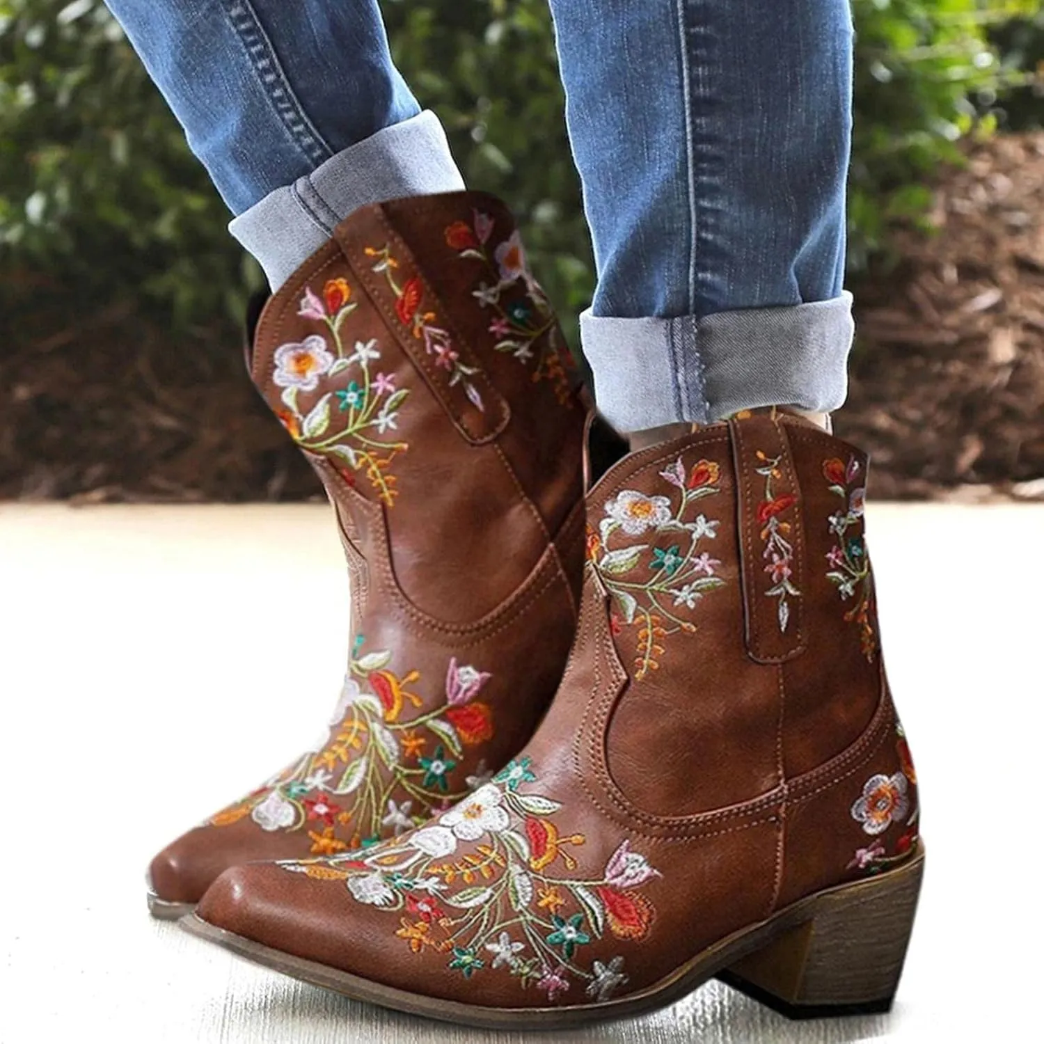Hbeylia Vintage Ethnic Cowboys Boots For Women Boho Retro Flower Embroidered Pointed Toe Leather Western Cowgirls Boots Bohemian Chunky Mid Heels Wide Mid Calf Booties For Ladies Dress