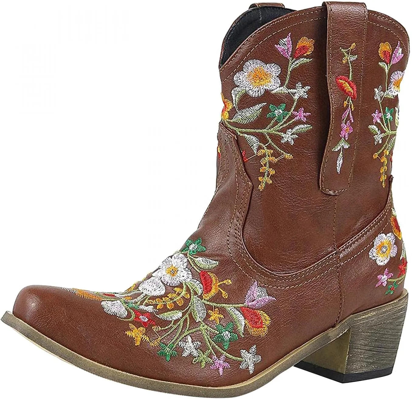 Hbeylia Vintage Ethnic Cowboys Boots For Women Boho Retro Flower Embroidered Pointed Toe Leather Western Cowgirls Boots Bohemian Chunky Mid Heels Wide Mid Calf Booties For Ladies Dress