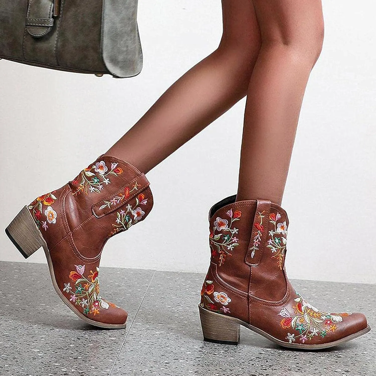 Hbeylia Vintage Ethnic Cowboys Boots For Women Boho Retro Flower Embroidered Pointed Toe Leather Western Cowgirls Boots Bohemian Chunky Mid Heels Wide Mid Calf Booties For Ladies Dress