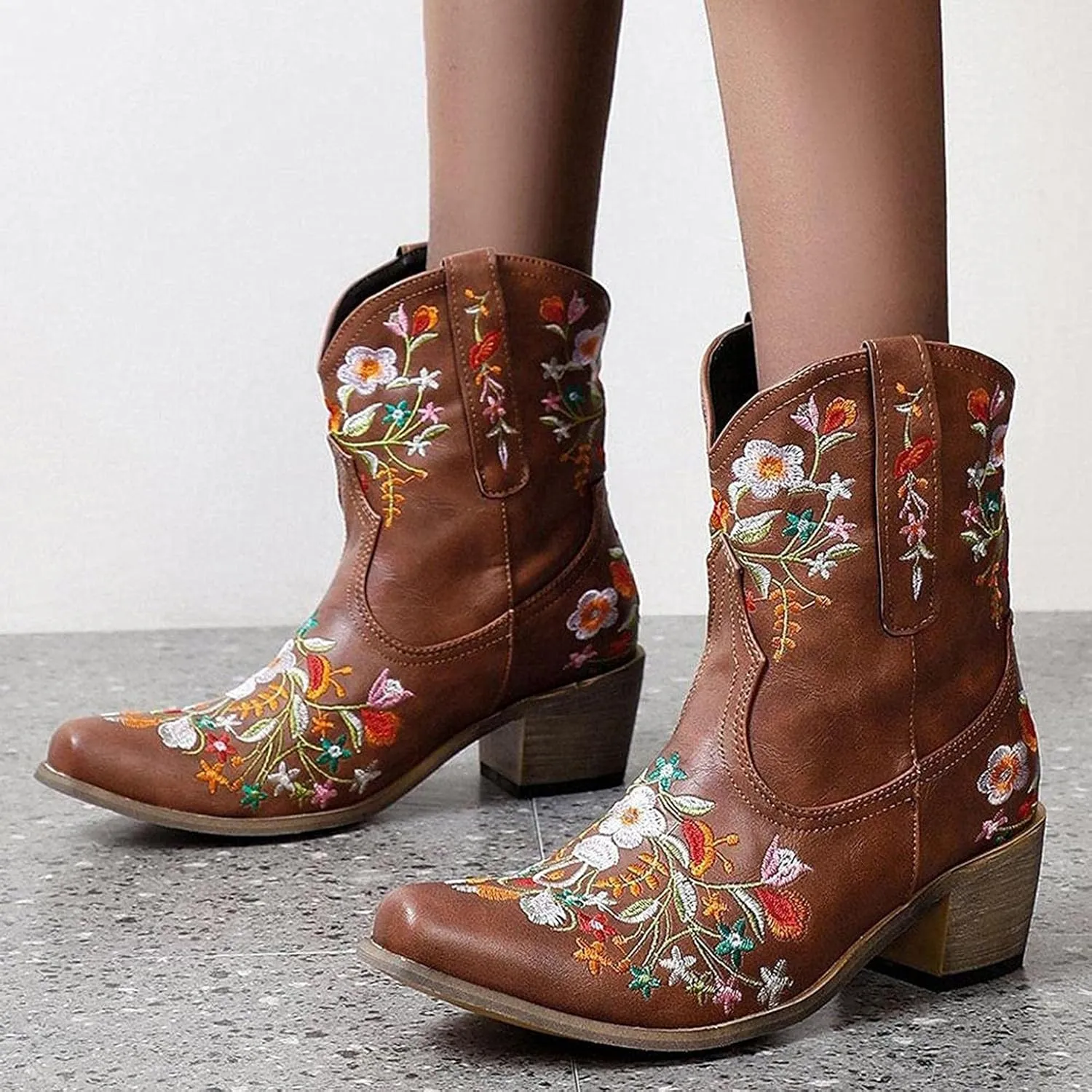 Hbeylia Vintage Ethnic Cowboys Boots For Women Boho Retro Flower Embroidered Pointed Toe Leather Western Cowgirls Boots Bohemian Chunky Mid Heels Wide Mid Calf Booties For Ladies Dress