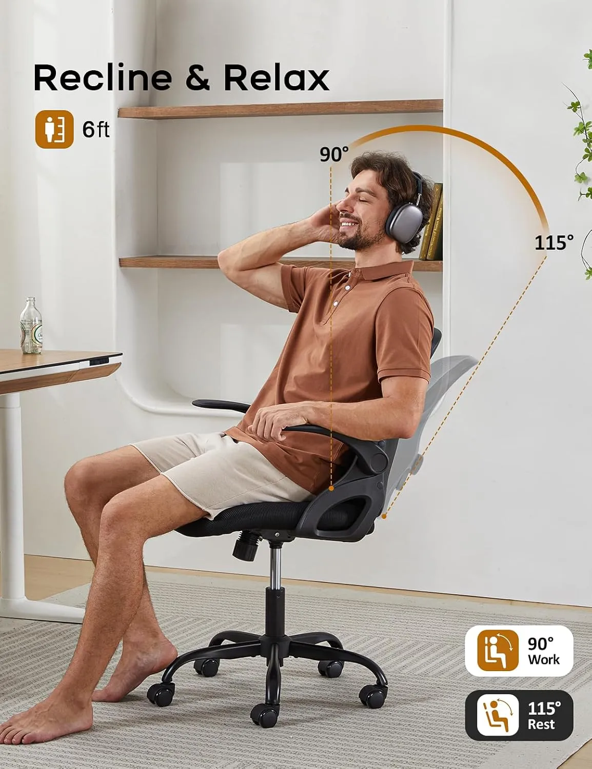 Home Office Chair, Ergonomic Mesh Desk Chair with Adjustable Lumbar Support, Flip-up Arm Rocking Swivel, Mid-Back Comfy Computer Chair (Black-Black)